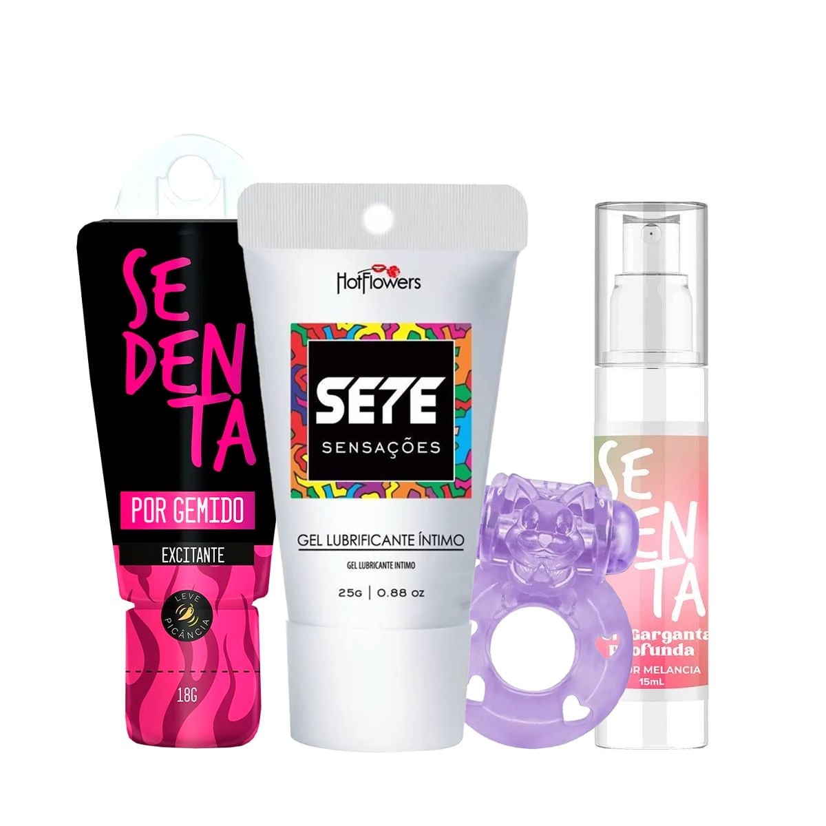 Kit com Sete Sensações Sedenta por Gemido Anel Peniano e Sedenta por Garganta Profunda
