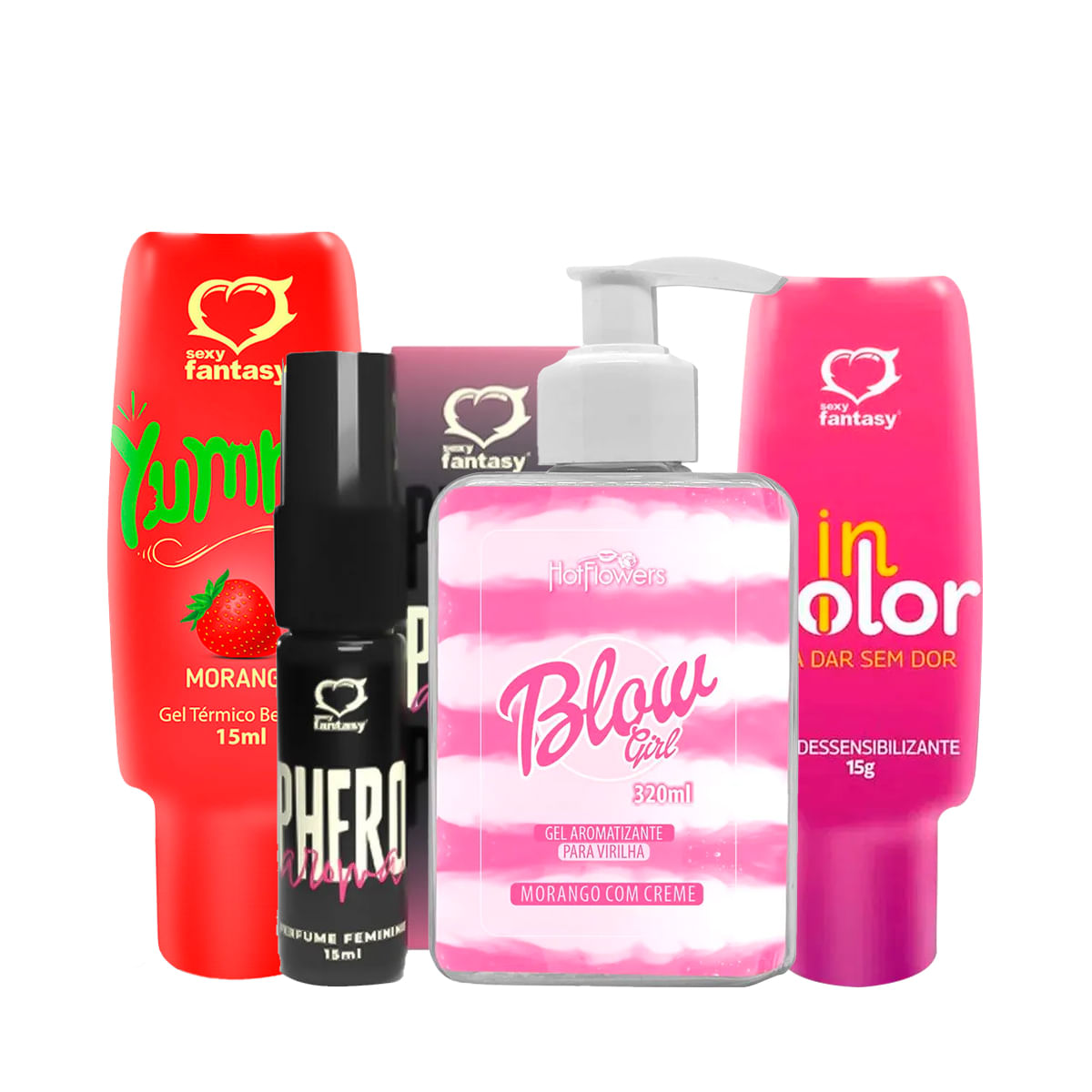 Kit com Dessensibilizante InDolor Perfume Phero Aroma Feminino Blow Girl e Yummy