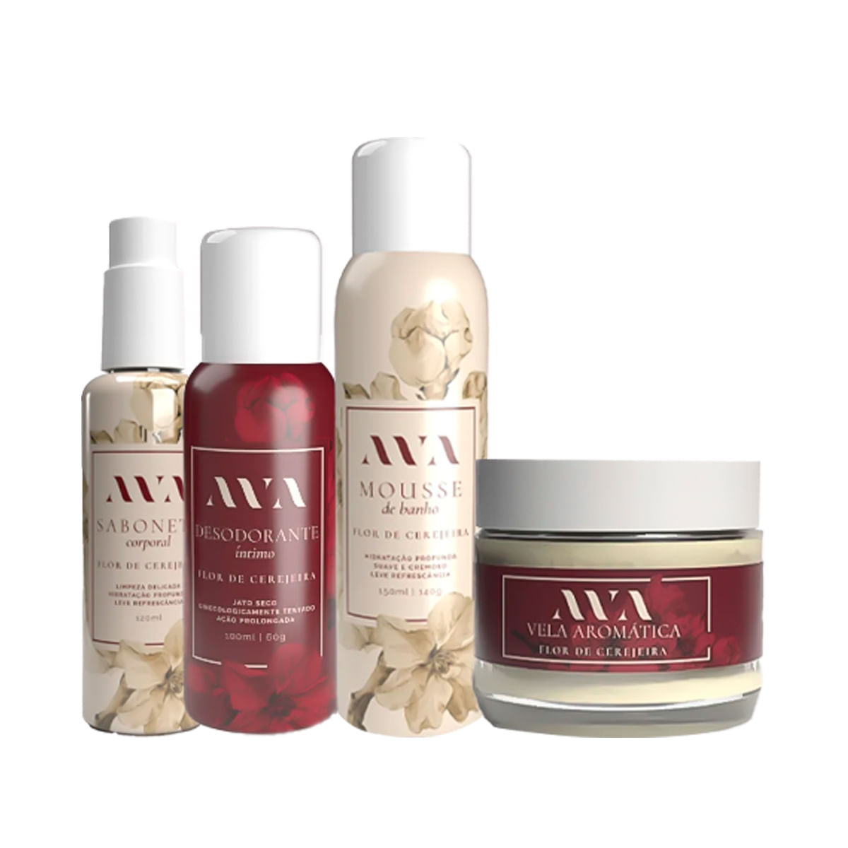 Box com 4 Itens Linha Flor de Cerejeira Mousse Sabonete Desodorante e Vela AVA Box com 4 Itens Linha Flor de Cerejeira Mousse Sabonete Desodorante e Vela AVA