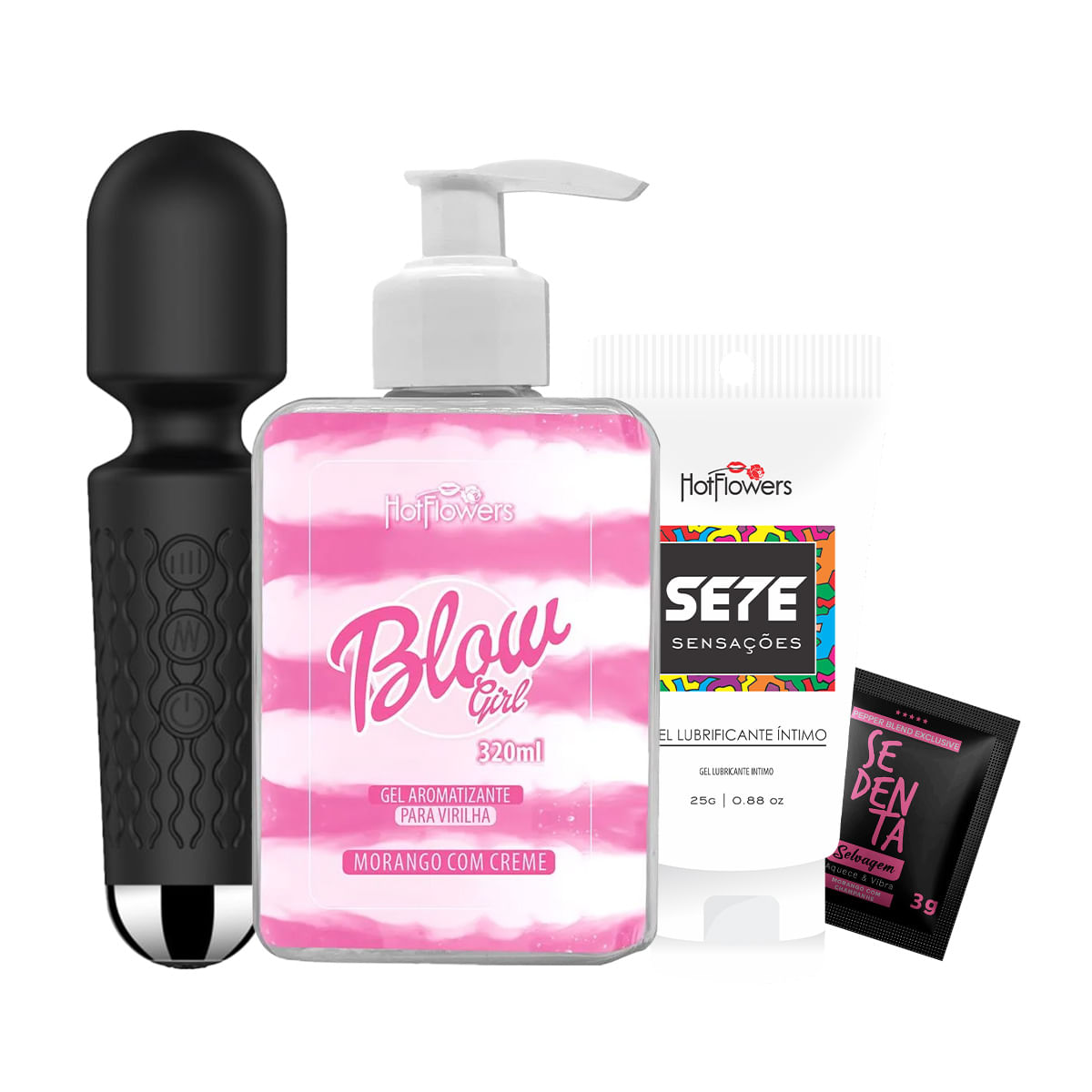 Kit com Blow Girl Gel Beijável Para Virilha Mini Toy Varinha Mágica Sete Sensações e Sachê Sedenta S