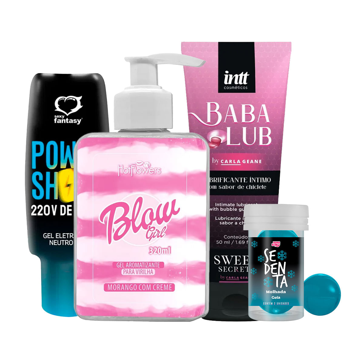 Kit com Blow Girl Babalub Pepper Ball Sedenta Molhada Gela e Power Shock 220 V