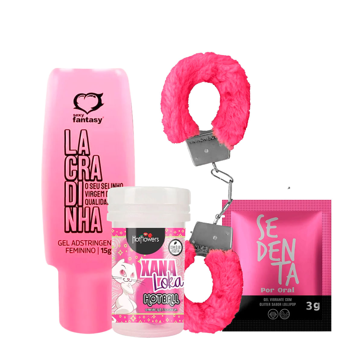Kit com Lacradinha Hot Ball Xana Loka Algema Fur Love Cuffs e Sachê Sedenta Por Oral
