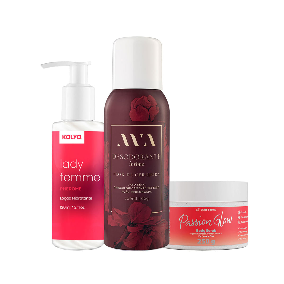 Kit de Autocuidado com Desodorante Íntimo Ava Pherome Loção Hidratante e Esfoliante Passion Glow