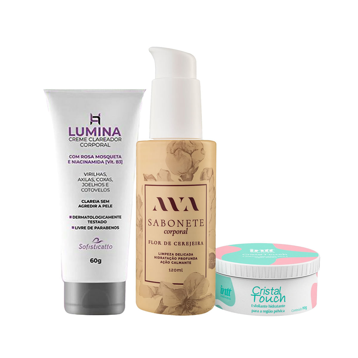 Kit de Autocuidado com Sabonete Corporal Ava Lumina Creme Clareador e Cristal Touch Esfoliante Pélvi