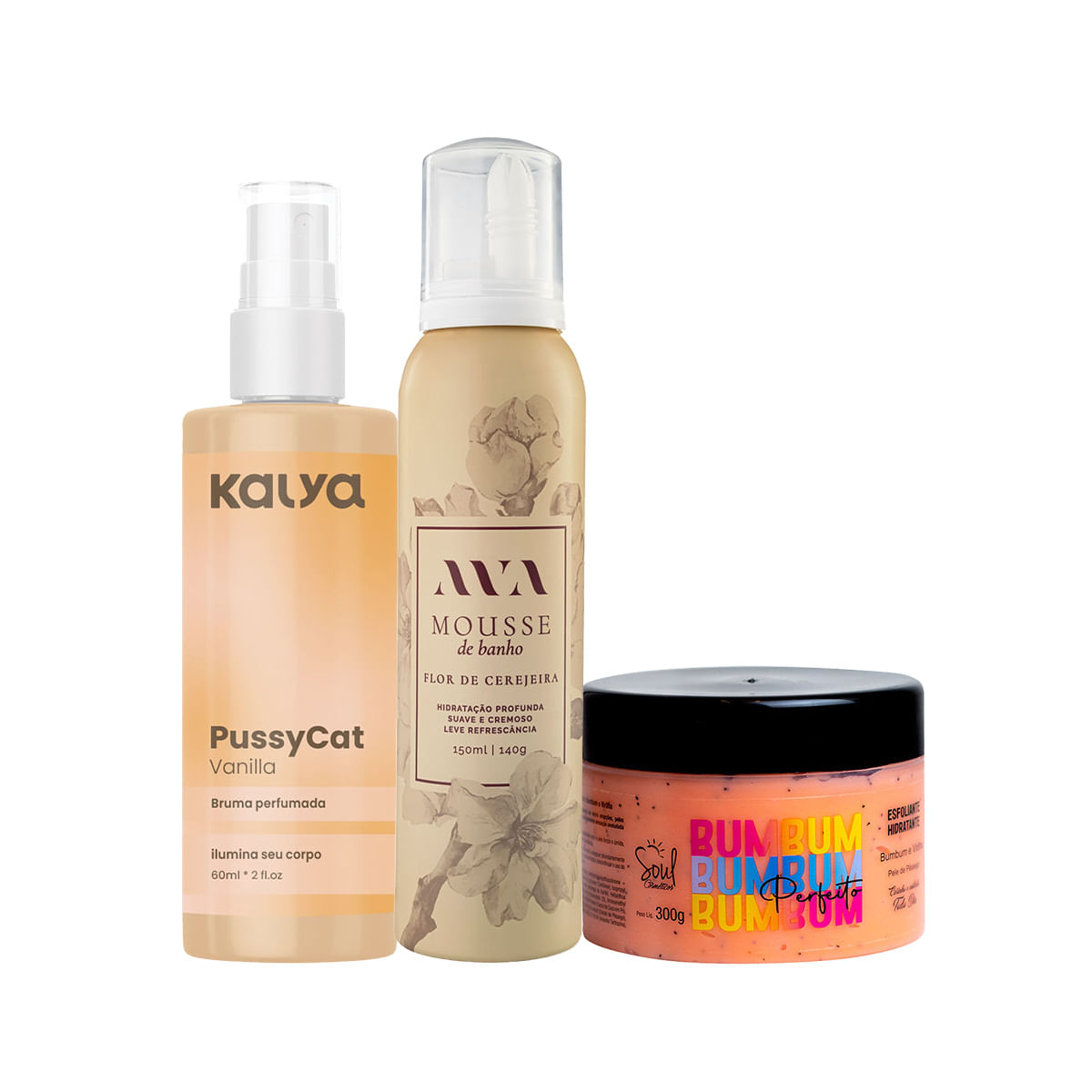 Kit de Autocuidado com Mousse de Banho Ava Esfoliante Bum Bum Perfeito e PussyCat Bruma Corporal