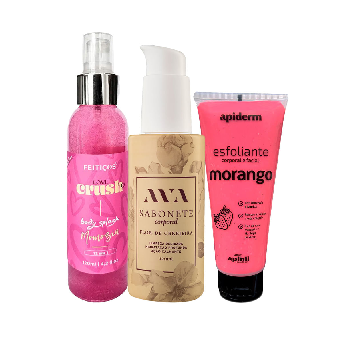 Kit de Autocuidado com Sabonete Corporal Ava Esfoliante Corporal e Body Splash Love Crush Momozin