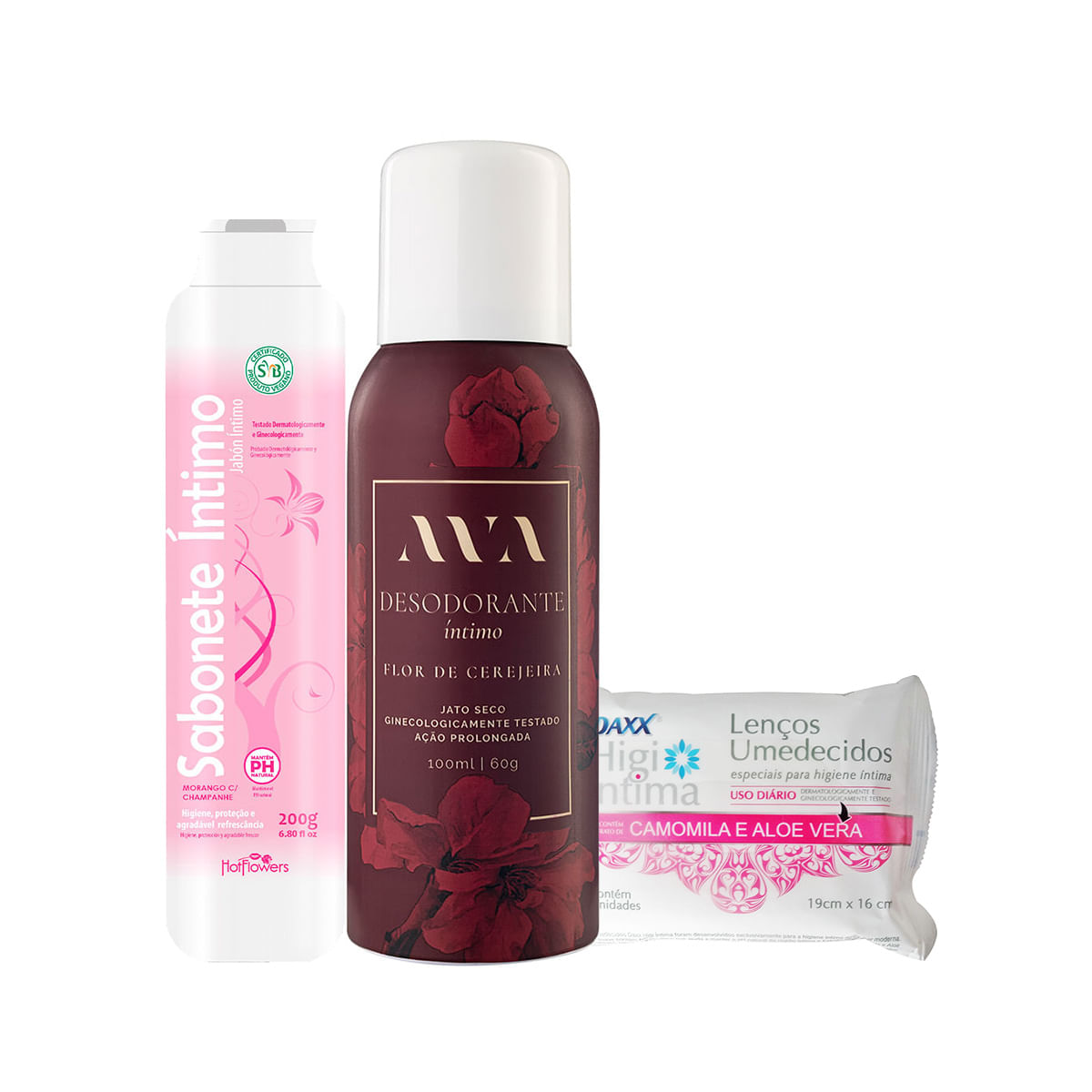 Kit de Autocuidado com Desodorante Íntimo Ava Sabonete Íntimo Feminino e Higi Íntima Lenços Umedecid