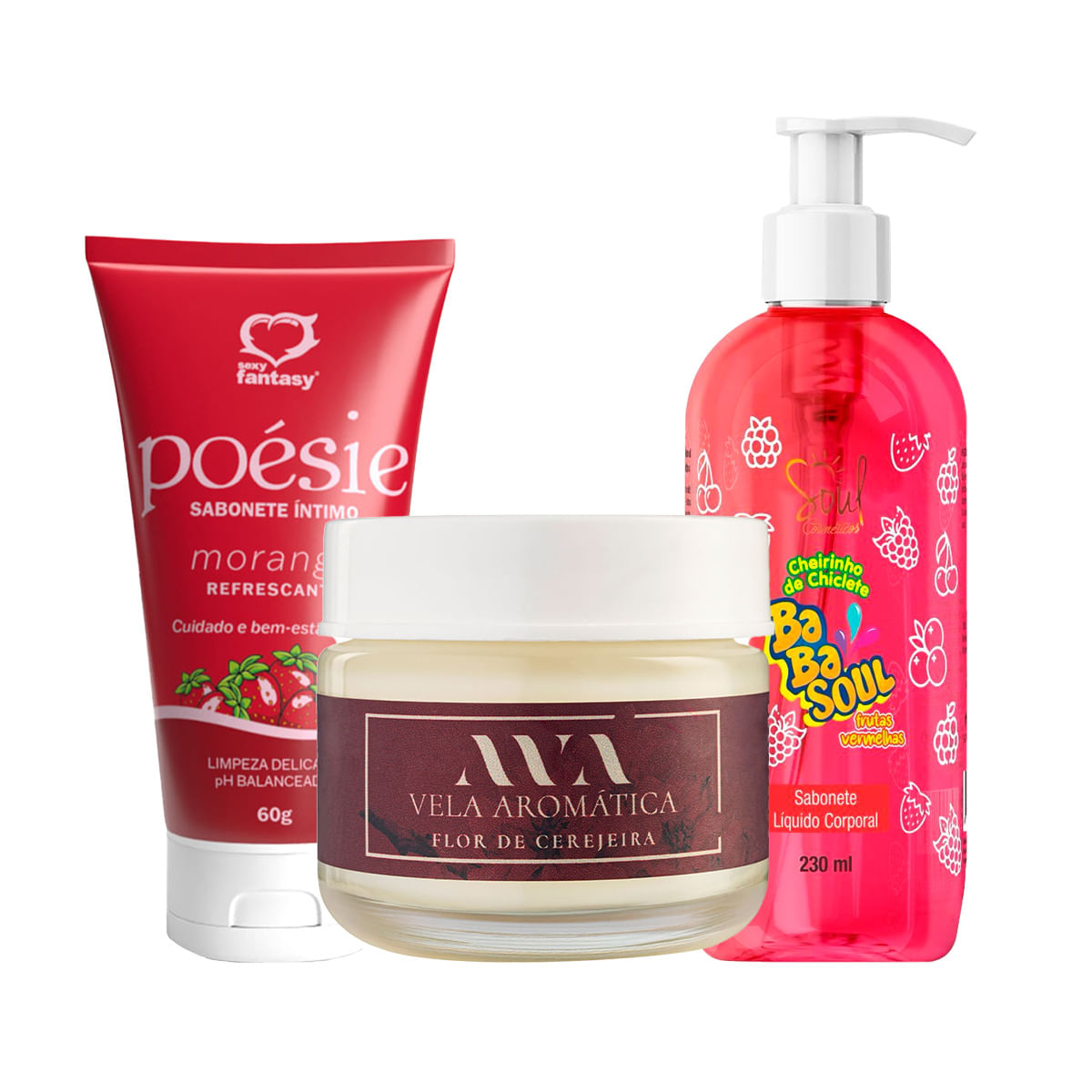 Kit de Autocuidado com Vela Aromática Ava Sabonete Íntimo Poésie e Sabonete Líquido Corporal Babasou