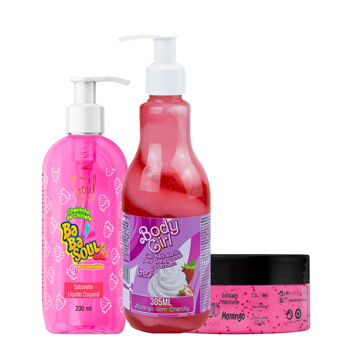 Kit com Sabonete Líquido Corporal Babasoul Esfoliante Rosto e Corpo e Body Girl Hidratante