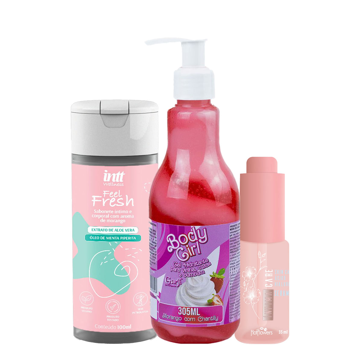 Kit com Feel Fresh Sabonete Íntimo Sérum Íntima Care e Body Girl Hidratante Beijável