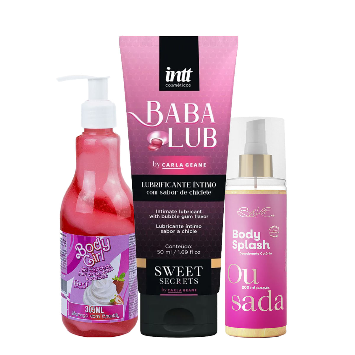 Kit com Body Splash Ousada Babalub Lubrificante Beijável e Body Girl Hidratante Beijável