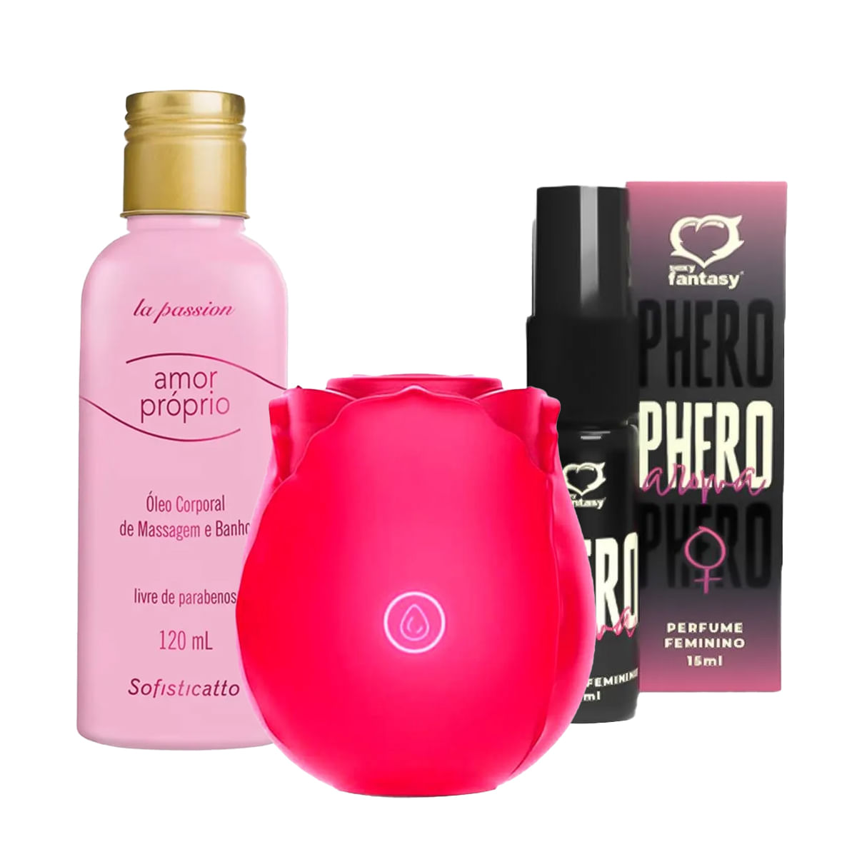 Kit com Oleo Amor Proprio Estimulador de Clitóris em Formato de Rosa e Perfume Phero Feminino