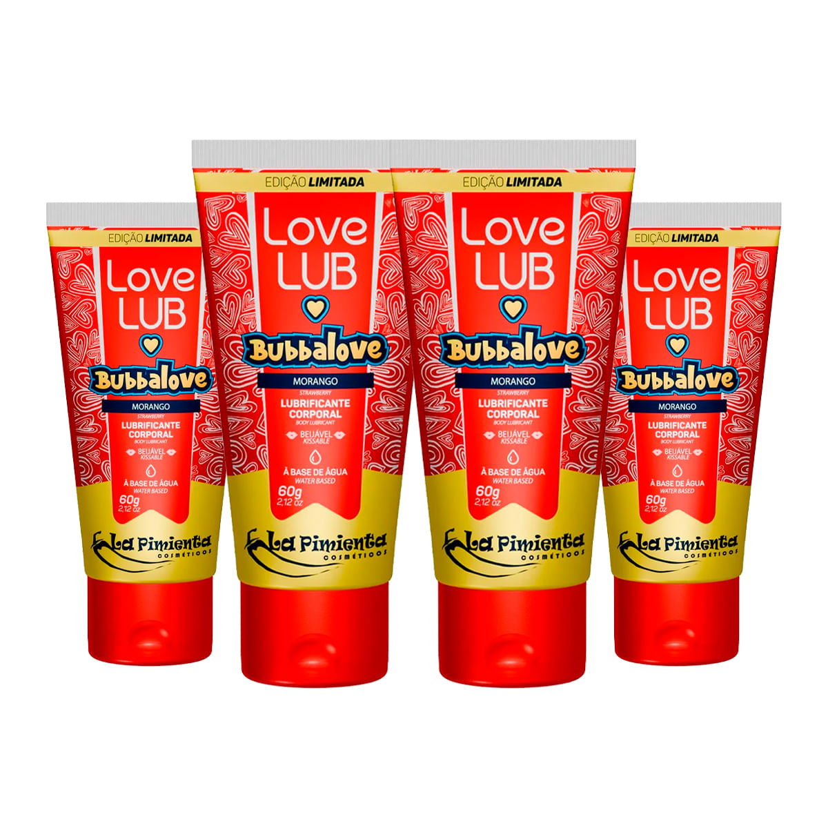 Kit com 4 Love Lub Bubbalove Lubrificante Corporal Beijável de Morango