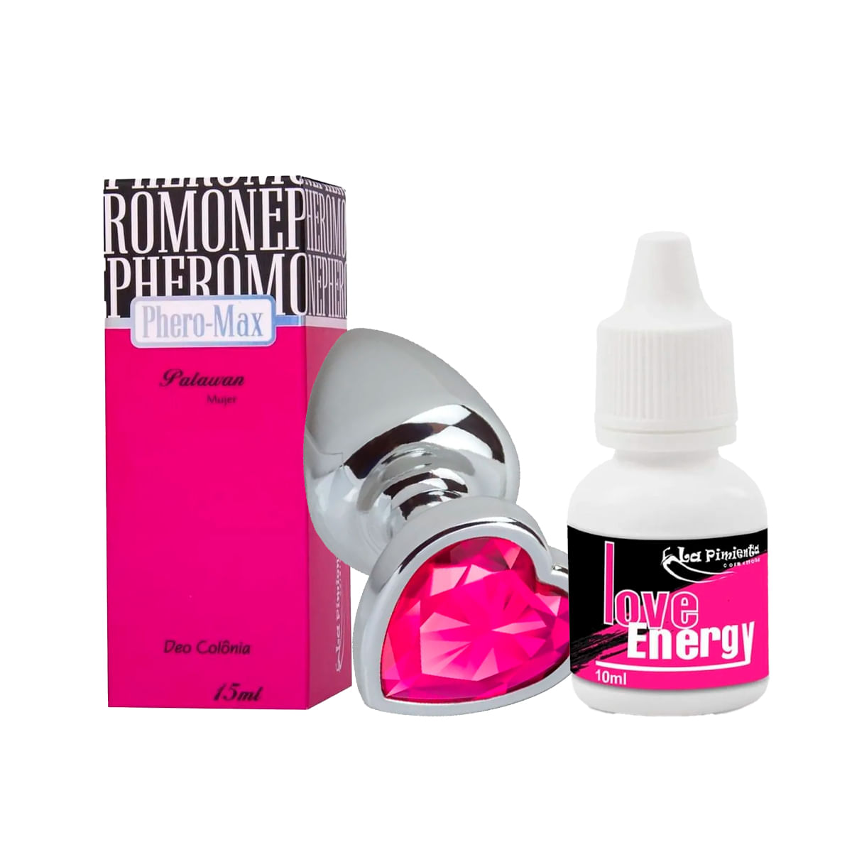 Kit com Phero Max Palawan Colônia Plug Anal em Formato de Coração e Gotas Love Energy Energético