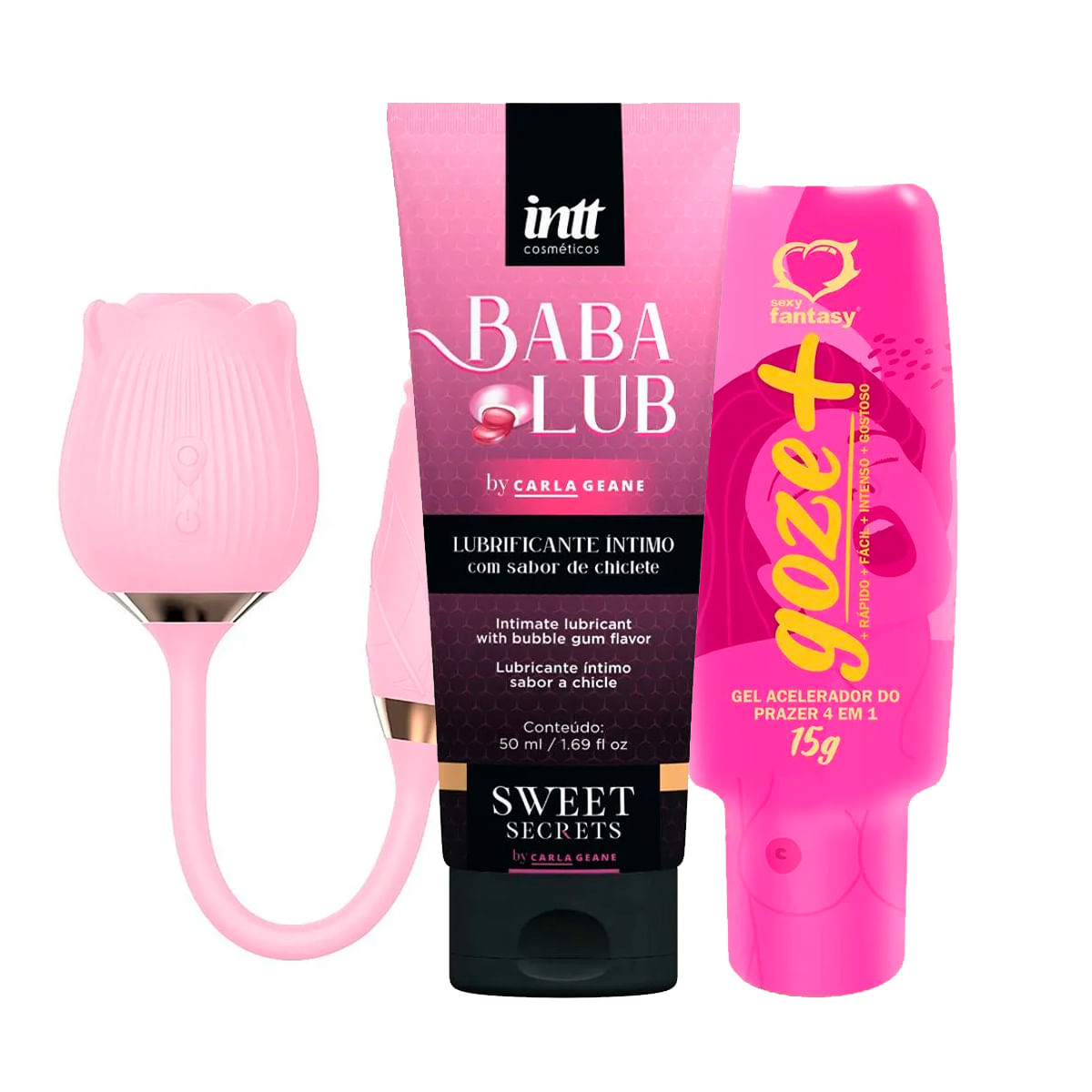Kit com Babalub Lubrificante Beijável Goze + Acelerador do Prazer e Sophie Vibrador Formato de Rosa
