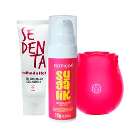 Kit com Sugalik Sugador Líquido Sedenta Molhada Gel e Estimulador de Clitóris em Formato de Rosa