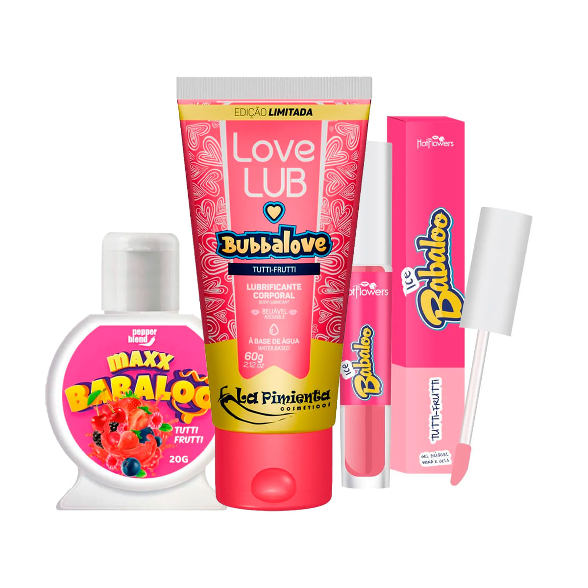 Kit com Maxx Babaloo Gel para Oral Love Lub Bubbalove Lubrificante e Babaloo Gloss Ice Labial