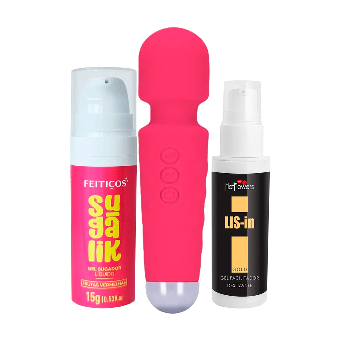Kit com Varinha Mágica Massageadora Sugalik Sugador Líquido e LIS-In Dessensibilizante Anal