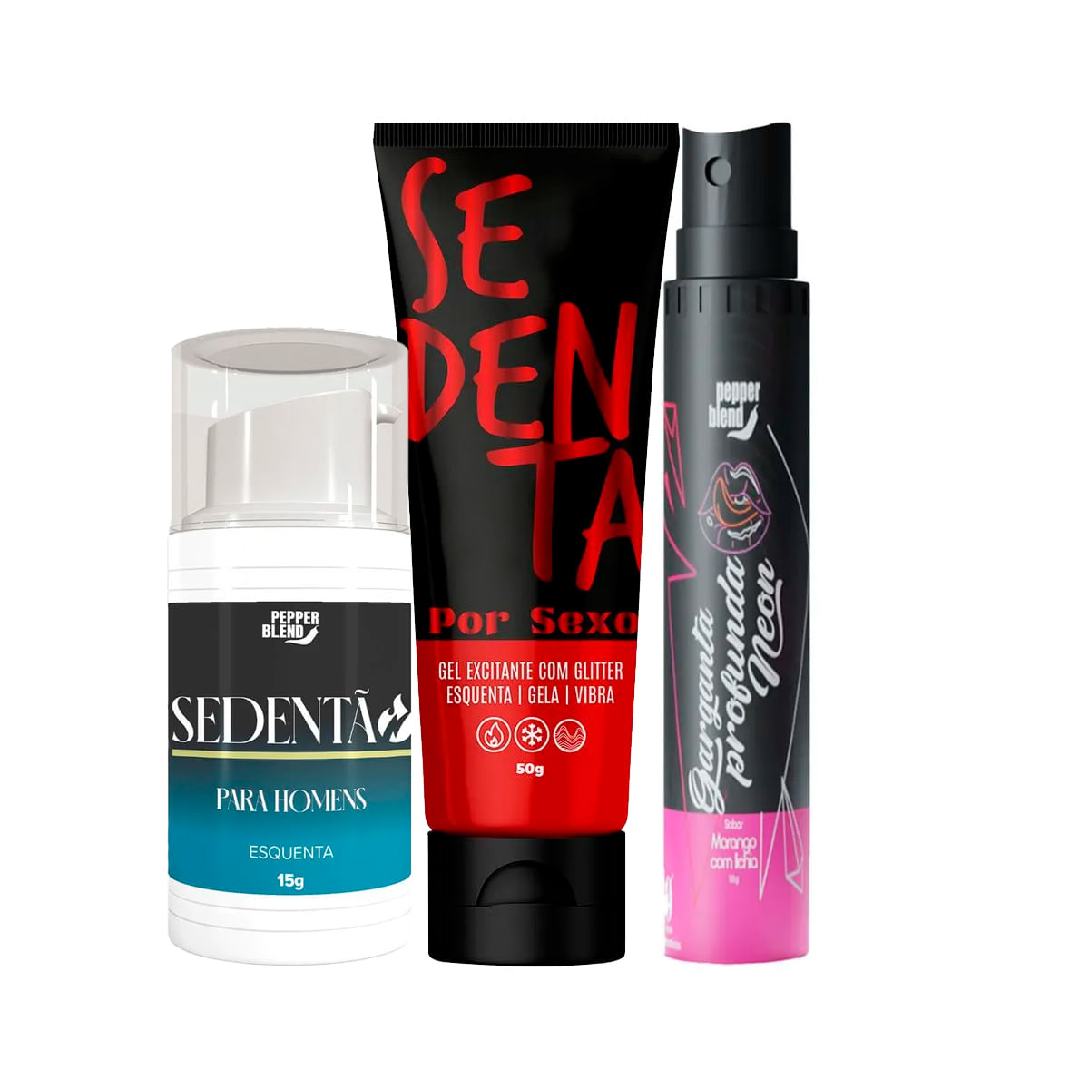 Kit com Sedenta Por Sexo Comestível Sedentão Excitante Vasodilatador e Garganta Profunda Bala Líquid