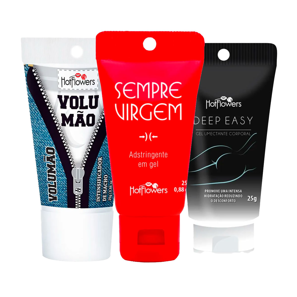 Kit com Gel Adstringente Sempre Virgem Volumão Gel Excitante Masculino e Gel para Sexo Anal Deep Eas