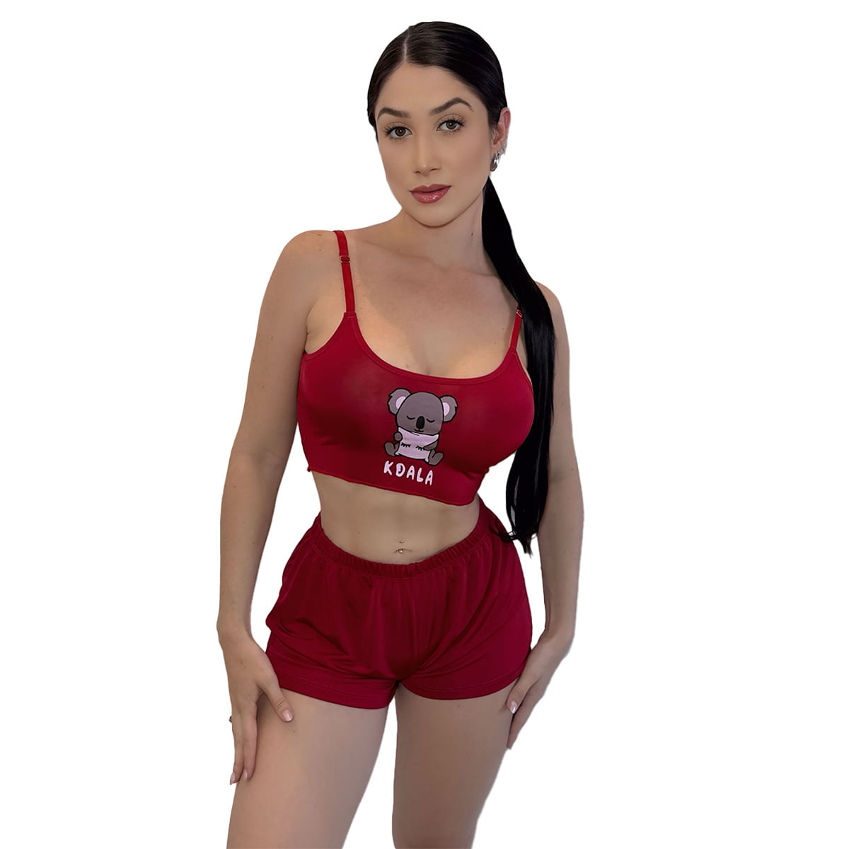 Pijama Feminino com Shorts e Cropped Curto Koala Sonolento Hot Love