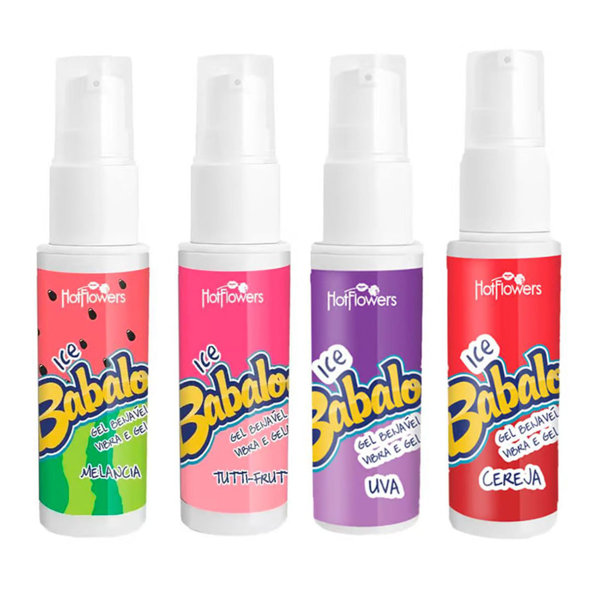 Kit Completo Babaloo Ice Gel Beijável com 4 Sabores Melancia Uva Tutti-Frutti e Cereja