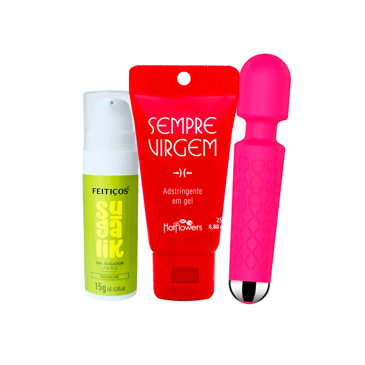 Kit com Gel Adstringente Sempre Virgem Sugalik Sugador Líquido e Vibrador Varinha Mágica