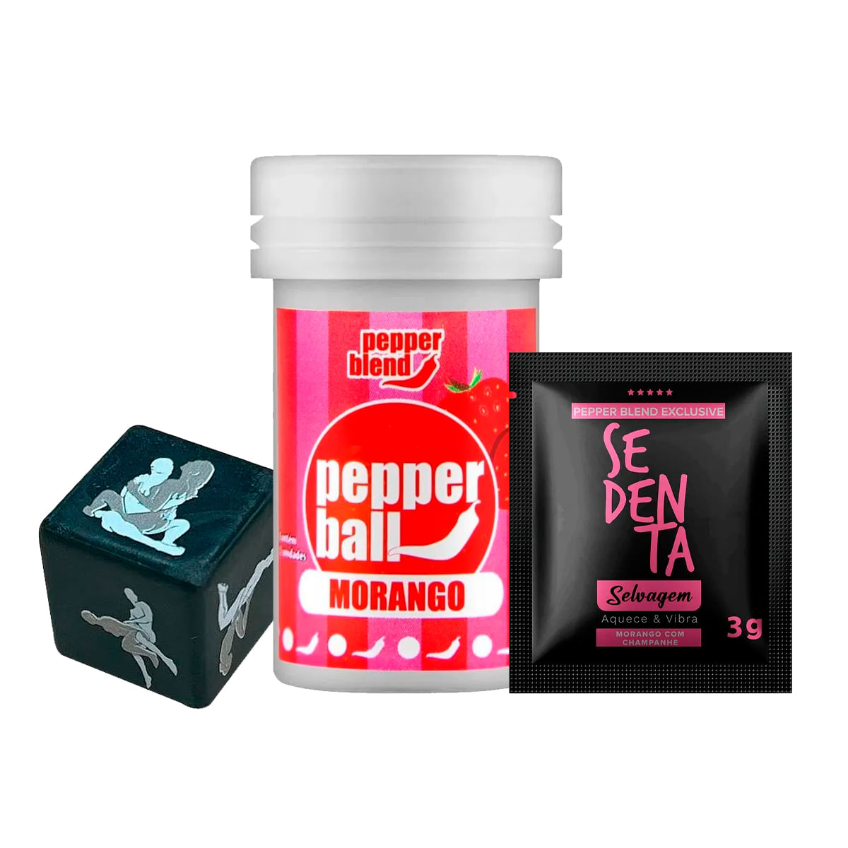 Kit com Pepper Ball Bolinha Explosiva Prazer Black Dado Posições e Sachê Sedenta Selvagem