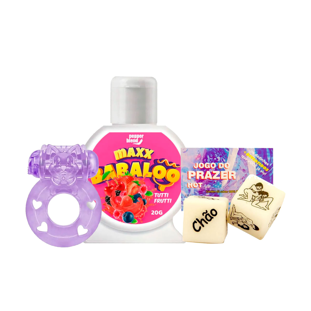 Kit com Maxx Babaloo Gel Oral Jogo do Prazer Hot e Anel Peniano com Vibrador
