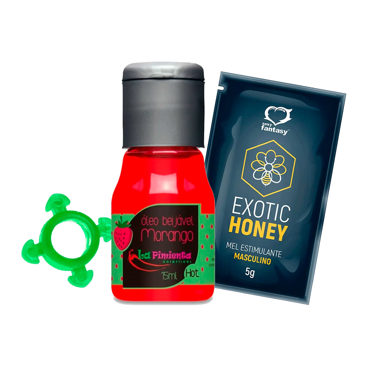 Kit com Óleo Beijável para Massagem Hot Anel Retardante Peniano e Exotic Honey Gel Estimulante Mascu