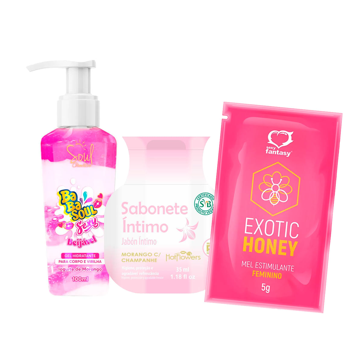 Kit com Babasoul Sexy Gel Beijável Sabonete Íntimo e Exotic Honey Gel Estimulante Feminino
