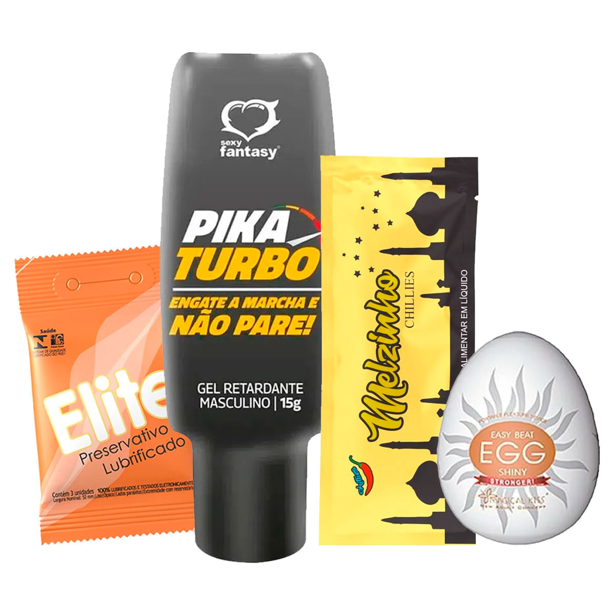 Kit com Pika Turbo Gel Retardante Preservativo Elite Blowtex Melzinho Árabe e Egg Magical Kiss Hard