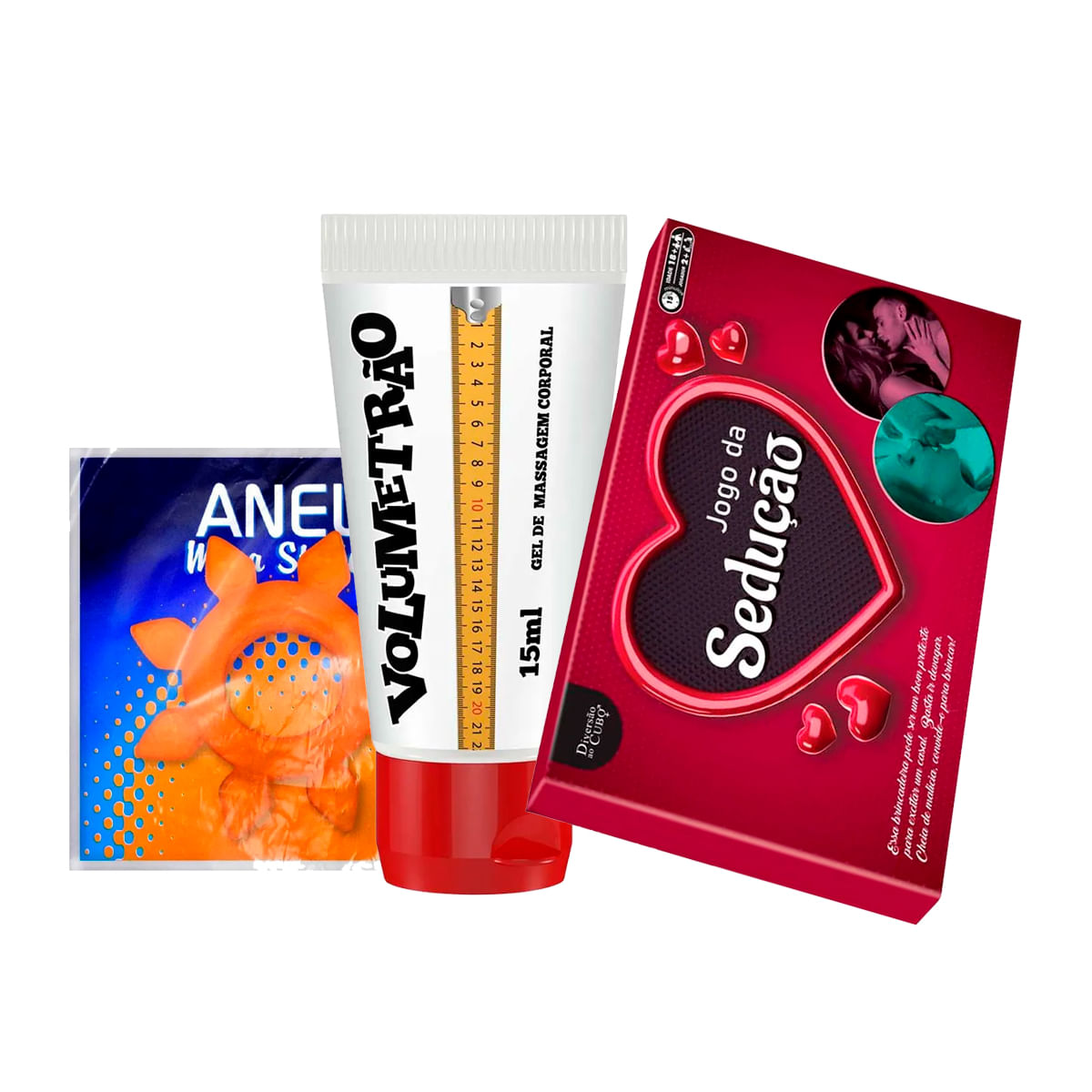 Kit com Anel Retardante Peniano Volumetrão Gel Vasodilatador e Jogo Tabuleiro Sedução com Dados