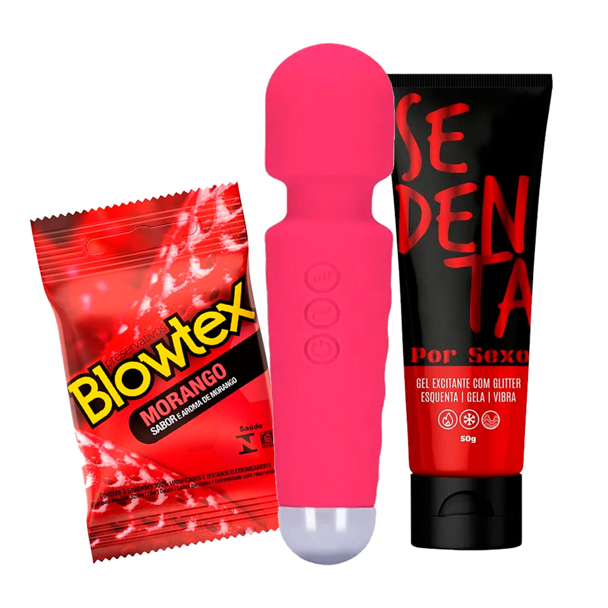 Kit com Varinha Mágica Massageadora Sedenta Por Sexo e Preservativo Sabor Morango 1 Unidade