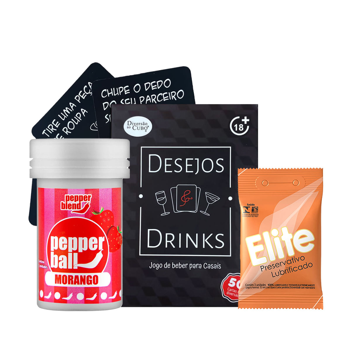 Kit com Desejos e Drinks Jogo de Cartas Preservativo Elite Blowtex e Pepper Ball Bolinha Explosiva