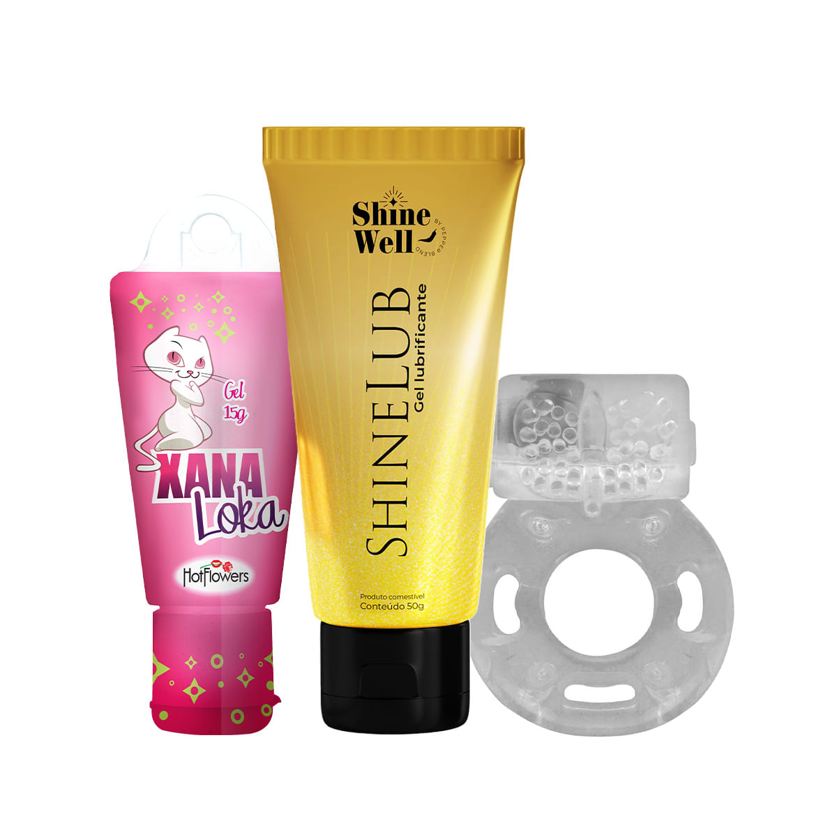 Kit com Xana Loka Excitante Feminino Shine Lub Gel Deslizante Neutro e Anel Peniano com Vibrador