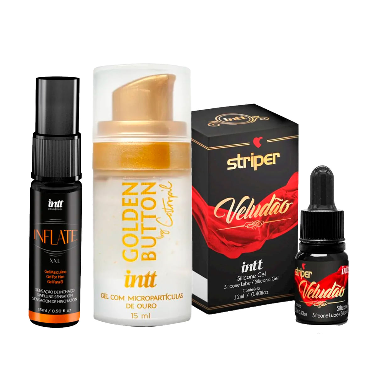 Kit com Inflate Óleo De Massagem Corporal Masculino Veludão Gel para Masturbação e Golden Button