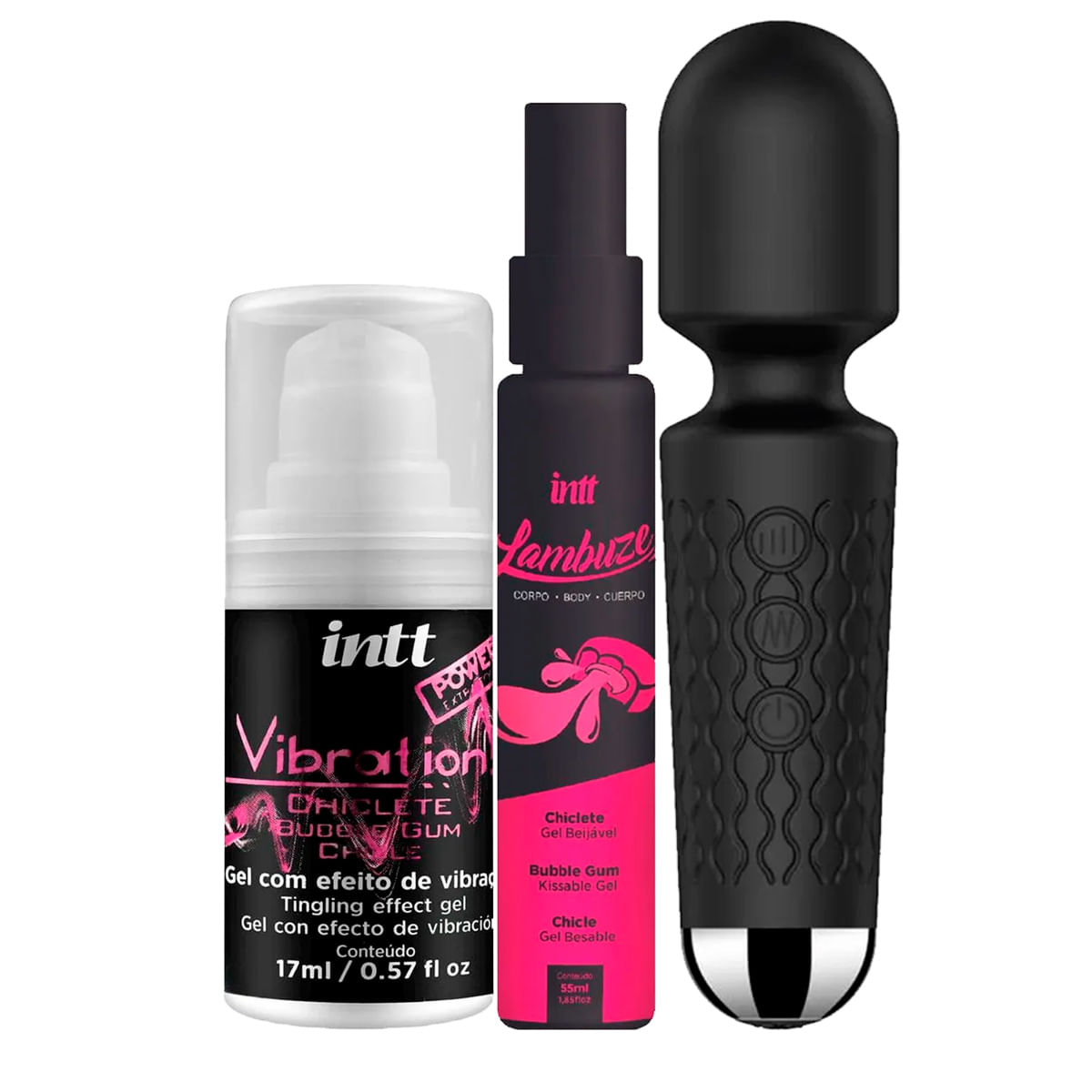 Kit com Vibration Gel Excitante Lambuze Gel Beijável Hot e Mini Toy Vibrador Varinha Mágica