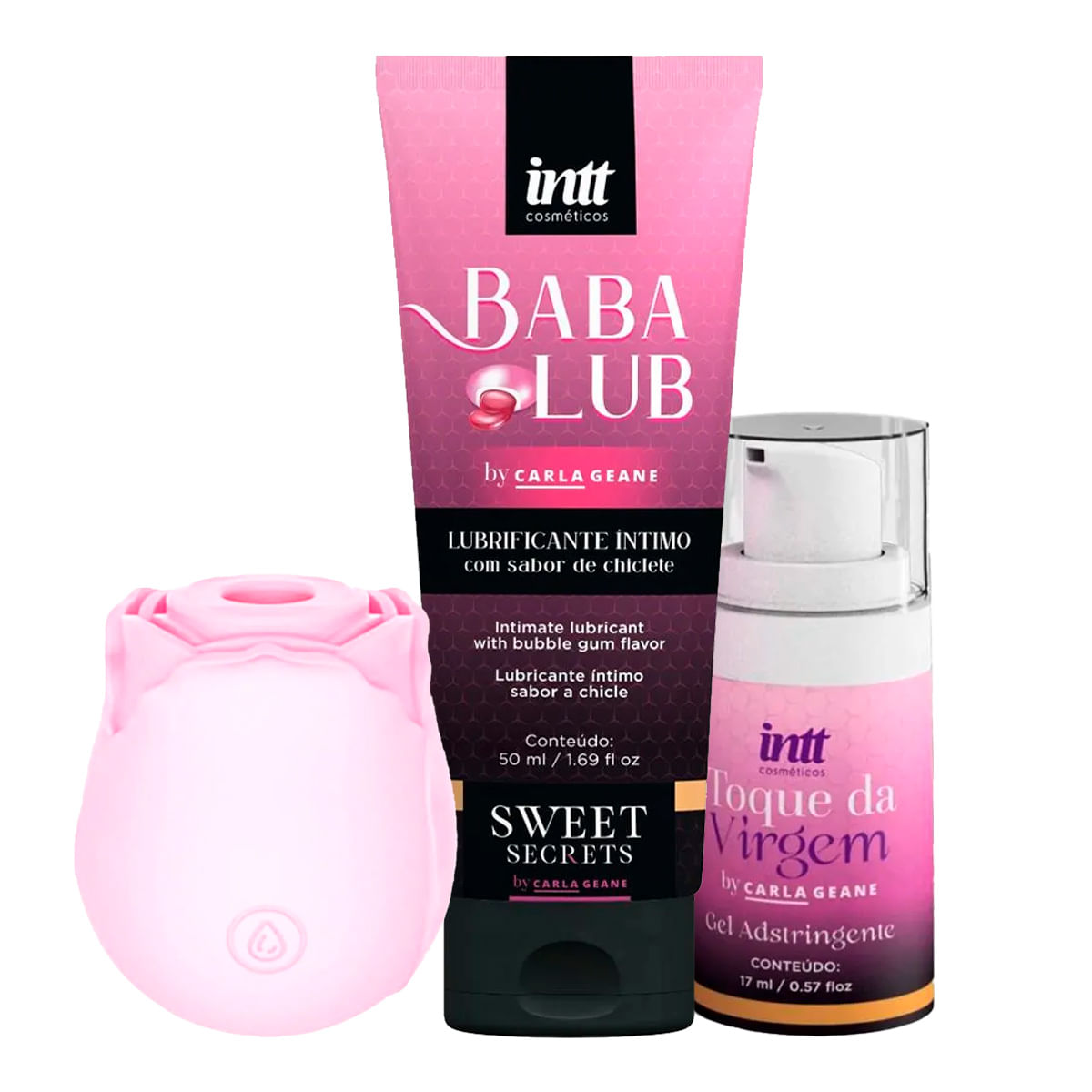 Kit com Toque da Virgem Babalub Lubrificante Beijável e Estimulador de Clitóris de Rosa