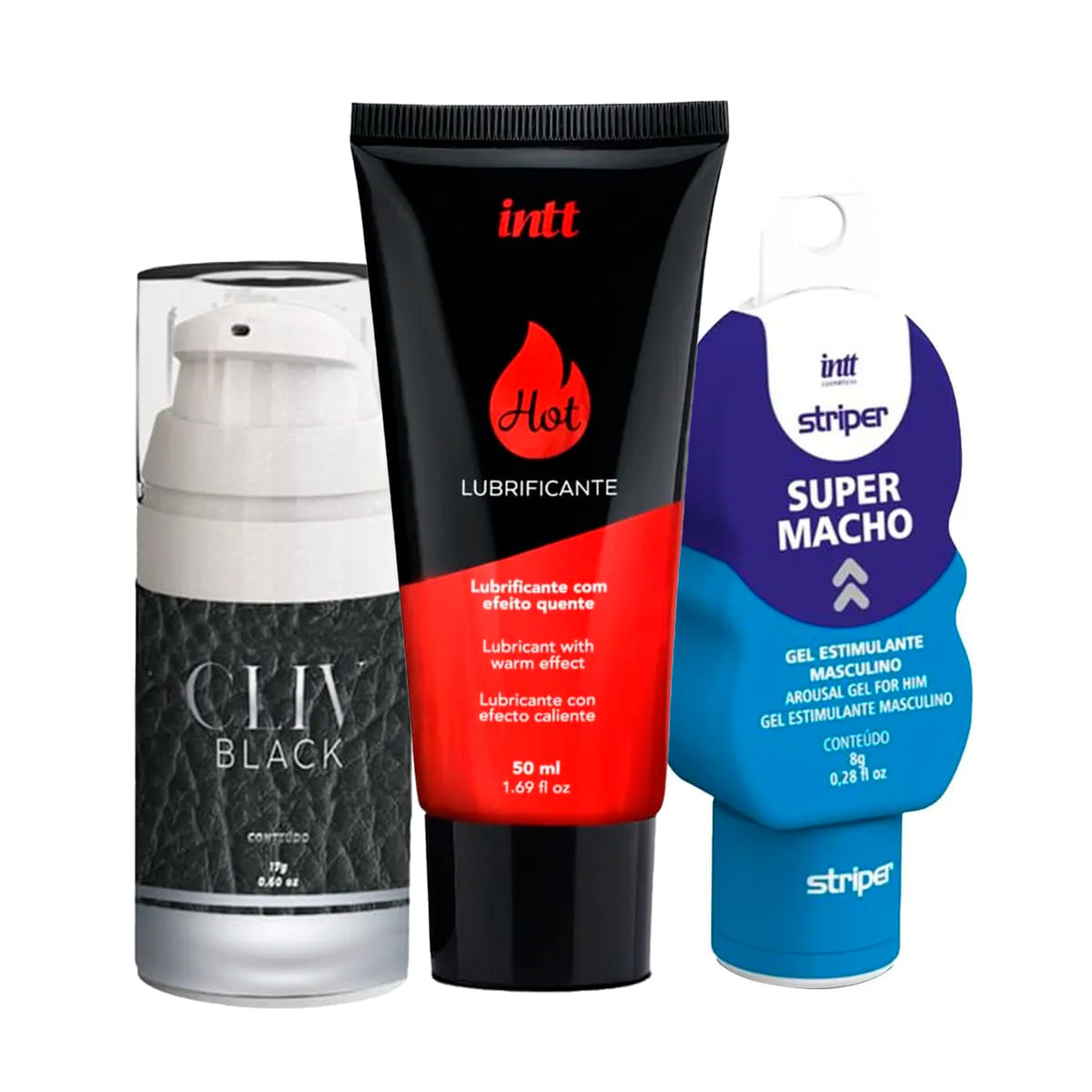 Kit com Cliv Black Gel Facilitador Anal Lubrificante Hot a Base de Água e Super Macho Stripper