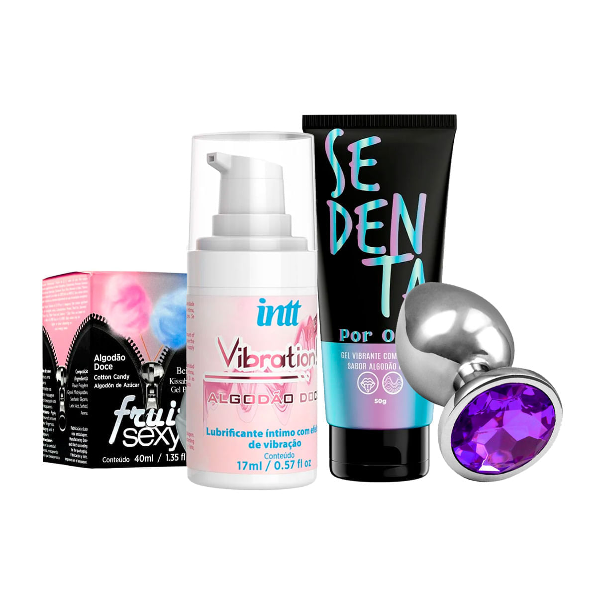 Kit com Vibration Gel Excitante Fruit Sexy Gel Beijável Plug Anal de Aço e Sedenta Por Oral