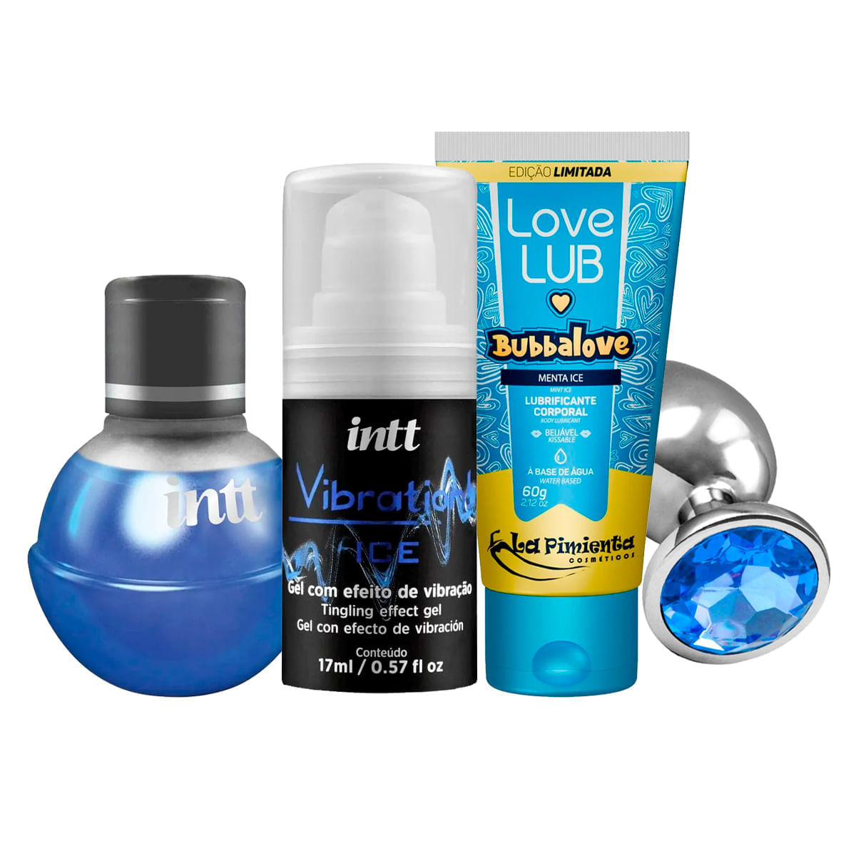 Kit com Vibration Gel Excitante Fruit Sexy Gel Beijável Love Lub Bubbalove Ice e Plug Anal