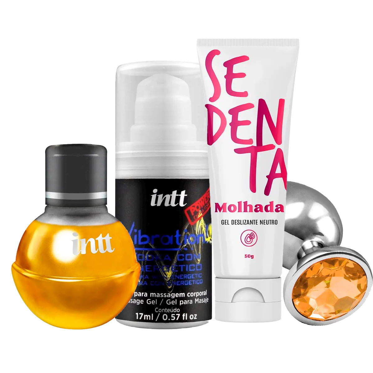 Kit com Vibration Gel Excitante Fruit Sexy Gel Beijável Plug Anal Tamanho P e Sedenta Molhada