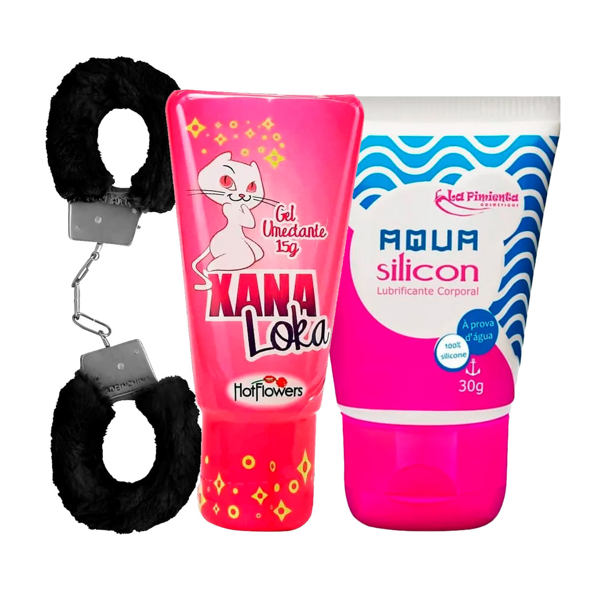 Kit Combinadinho com Xana Loka Gel Excitante Feminino Algema de Metal Fur Love Cuffs e Aqua Silicon
