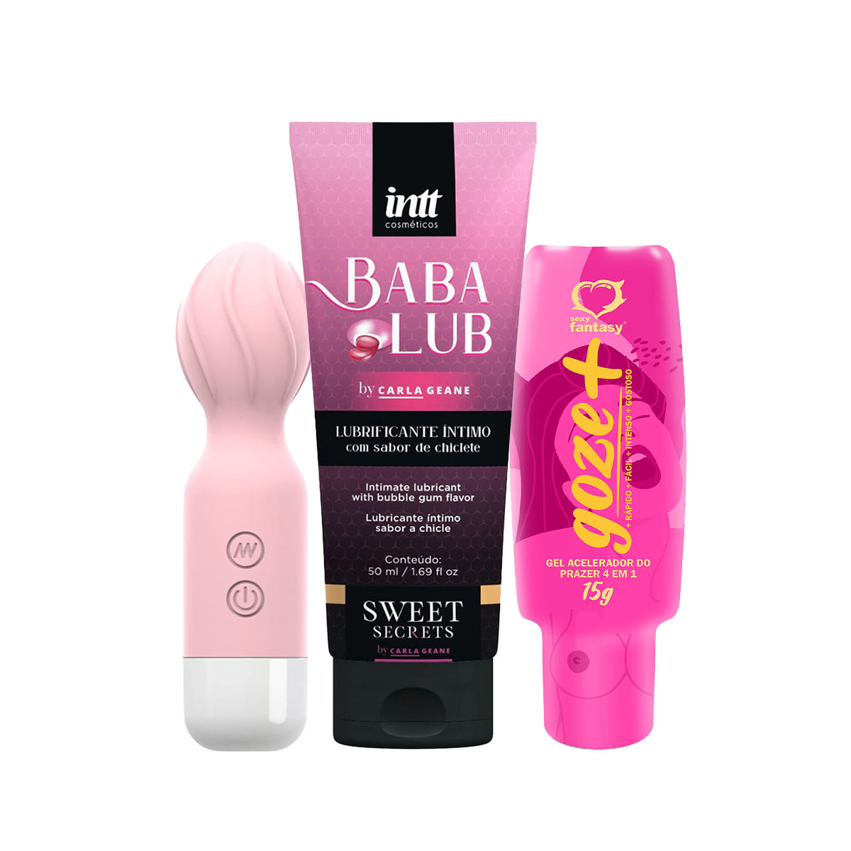 Kit com Babalub Lubrificante Beijável Goze + Gel Acelerador do Prazer e Mini Varinha Mágica