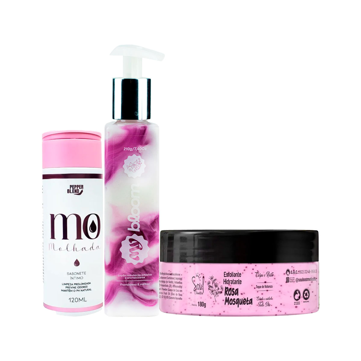 Kit com MyBloom Hidratante Corporal Sabonete Feminino Íntimo MO Molhada e Esfoliante