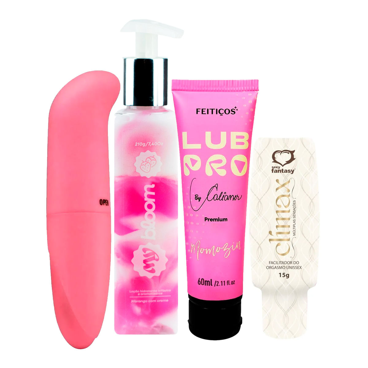 Kit com MyBloom Hidratante Corporal LubPro Momozin Clímax Facilitador de Orgasmo e Vibrador ponto G