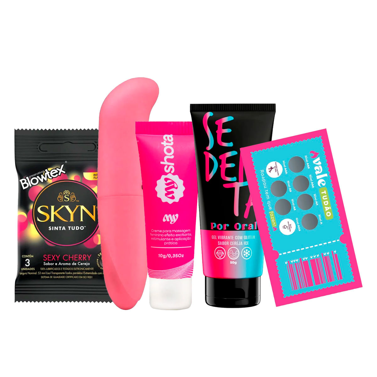 Kit com MyShota Creme Excitante Feminino Sedenta Por Oral Vibrador ponto G Preservativos e Raspadinh