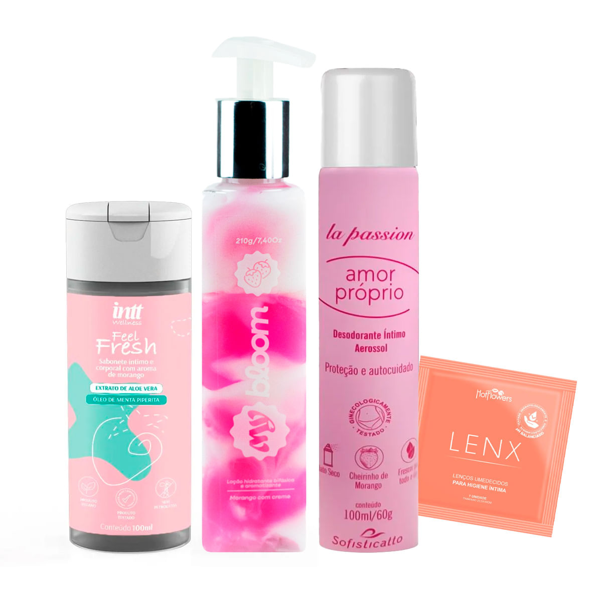 Kit com MyBloom Hidratante Corporal Feel Fresh Sabonete Íntimo Desodorante Intimo e Lenços Umedecido