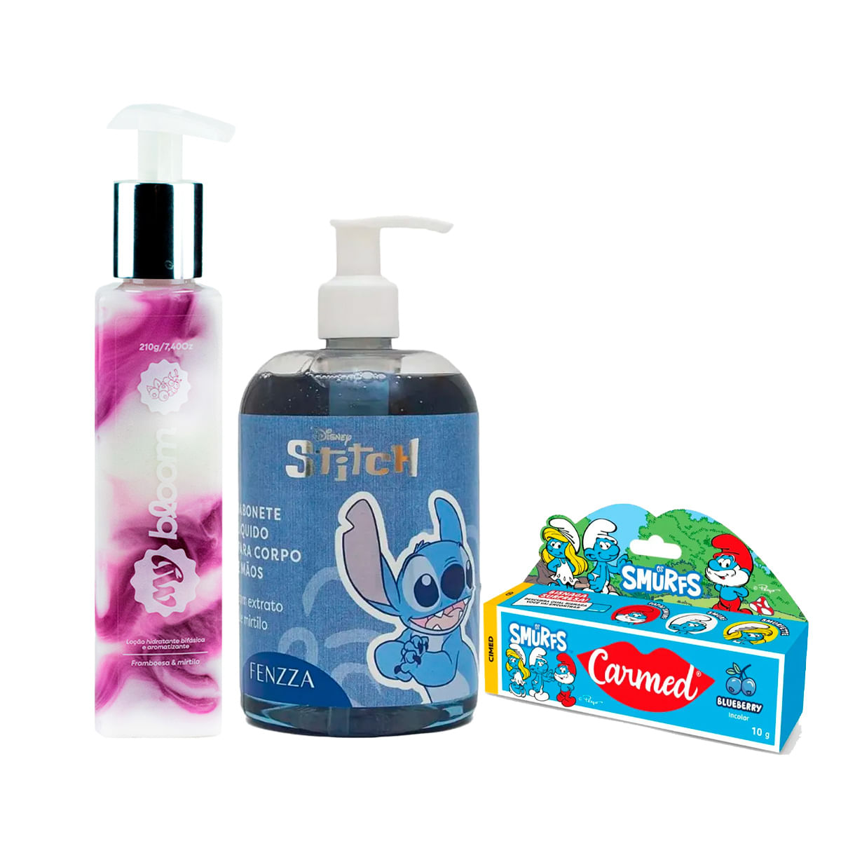 Kit com MyBloom Hidratante Corporal Sabonete Líquido Stitch e Carmed Smurfs Blueberry